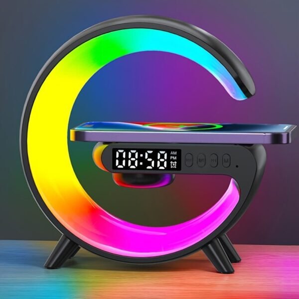 3in 1 Wireless Charger for Phone with RGB Color Changing Night Light & Wireless Speaker Alarm Clock Desk Lamp Qi for iPhone for Android for Samsung Mood Lighting USB Port Adjustable Brightness Bedside Lamp Ambient Light Snooze Function black
