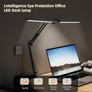 Led Desk Lamp with Clamp 24W Desk Lamps for Home Office Desk Lamp with Touch Function and Wireless Remote Control and Nemory Function 5 Dimming Design Double Head Black