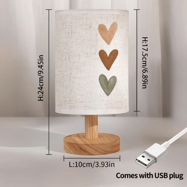 Three Heart Print Ambient Bedside Lamp, Wood Tone Table Lamp with Fabric Shade for Bedroom and Dormitory LED Light - USB Powered - No Batteries Needed - Suitable for Home and Office Use, Perfect Gift