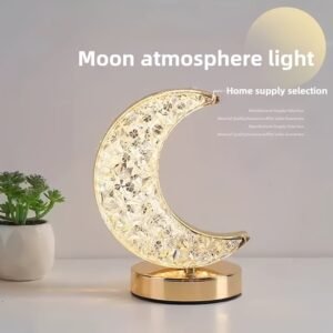 One Rechargeable Crystal Table Lamp Featuring a Moon And Star Design, This Dimmable Touch Lamp for The Bedroom Offers Three Color Options (Short Press to Switch Colors - Moon