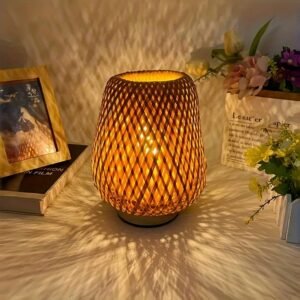 A Handcrafted Bamboo Woven LED Table Lamp with a Natural Wooden Base - a Bedside Night Light That Protects Your Eyes, Suitable for Reading And Vintage Decor, Powered by USB, Featuring Three Color Temperature Adjustments, Perfect As a Holiday Gift