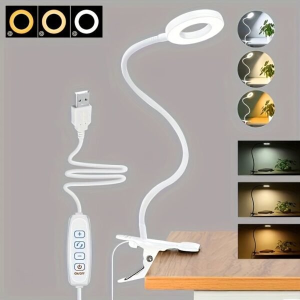 Modern USB- 360° Gooseneck Desk Lamp with Dimmable Light, / - Clip- Lighting Suitable for Reading, Plant Growth Lighting, Space-Saving Table Lamp for Office, Bedside, Portable Light - White